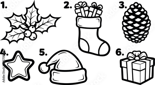 Christmas holiday icons holly leaves stocking pine cone star santa hat gift box vector illustration 