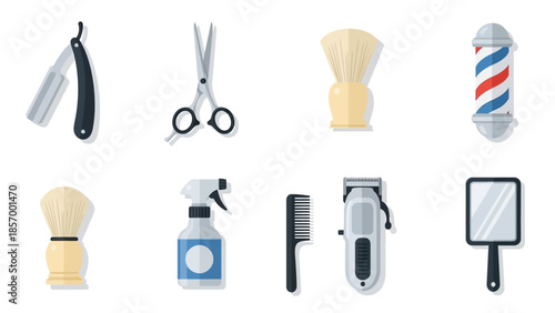 Barber tools illustration featuring scissors razor brushes and barber pole