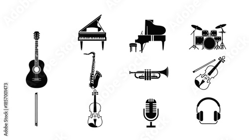 Musical instruments silhouettes guitar piano drum saxophone vector set