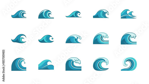 Stylized ocean wave icons set marine symbolism for design elements