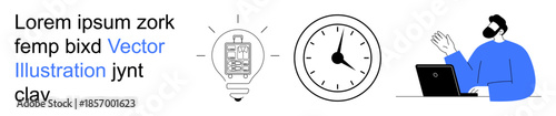 Productivity, innovation, time tracking, remote work, brainstorming, technology. Man working on laptop, clock and lightbulb visuals. Productivity and innovation concepts illustrated
