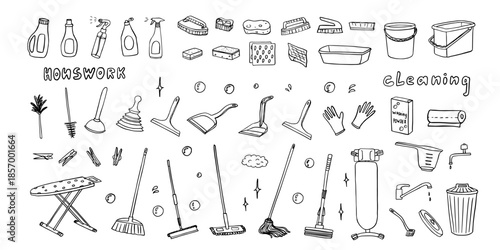 Large set of home cleaning tools and supplies. Housework. Cleanliness. Broom, mop, bucket, sponge, dustpan, cloth, ironing board, squeegee mop, feather duster, dishwashing brush. Hand drawn
