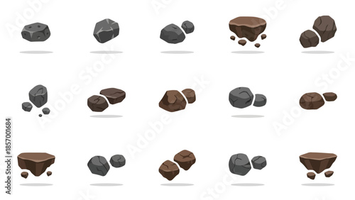 Set of cartoonish stones and floating land pieces with soft shadows