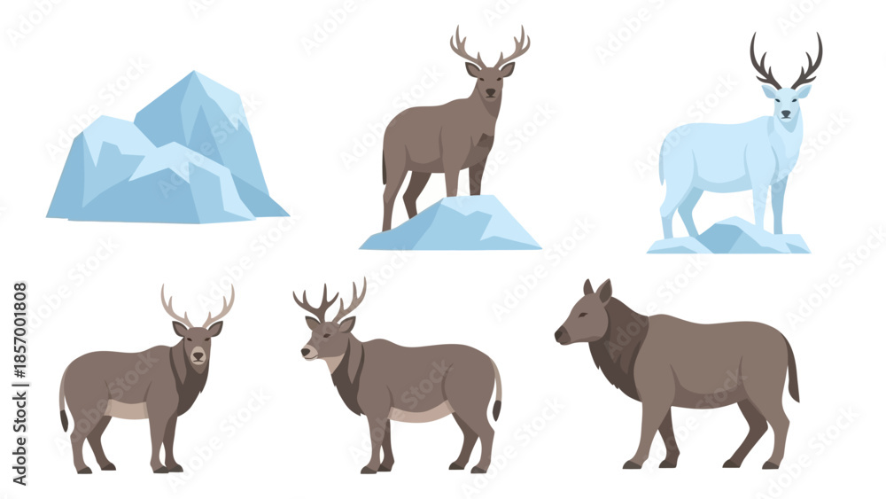Obraz premium Cartoon deer illustrations with ice and snow elements for design and projects