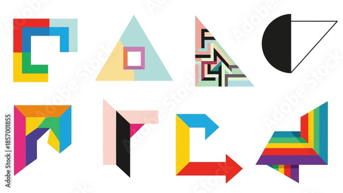 Geometric shapes in various colors creating abstract modern compositions
