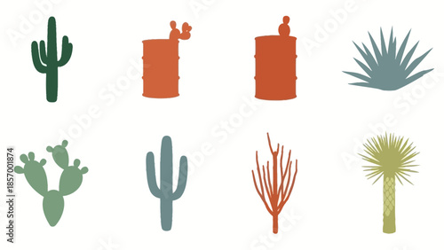Desert plant silhouettes cactus agave and palm tree illustrations on white