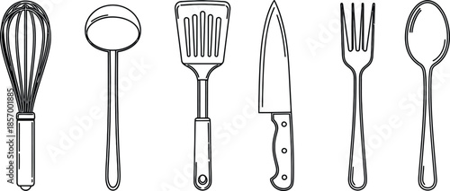 Line art vector set of 6 kitchen utensils whisk ladle spatula knife fork and spoon black outline style
