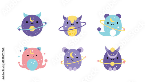 Cute cartoon space characters set with crescent moons and planets