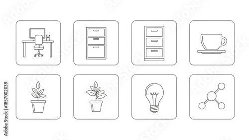 Office icons desk filing cabinet coffee cup plants and idea bulb symbols