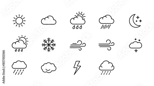 Weather icons set illustrating sun cloud rain snow wind lightning and moon