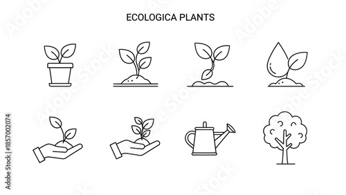 Ecological plant icons sprouting plants and elements depicted in line art