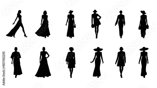Fashion silhouettes elegant women in various dresses and stylish poses