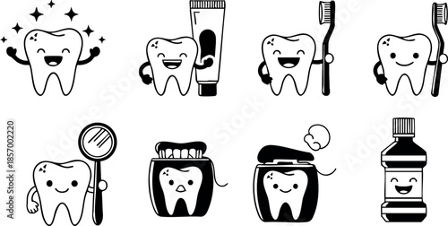Cute tooth characters with dental care items and hygiene tools vector illustration 