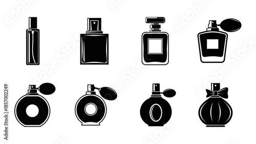 Elegant perfume bottles silhouettes in black and white isolated on white