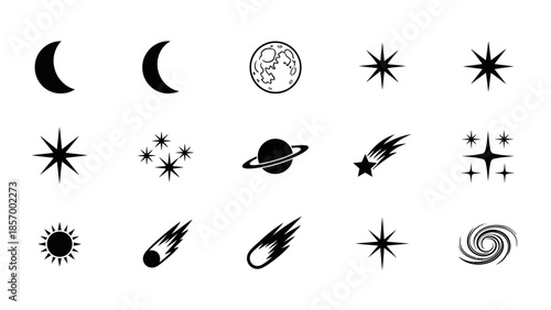 Astronomy icons celestial bodies and cosmic elements in minimalist design