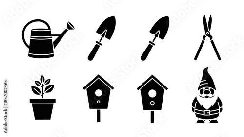 Garden tools and decorations watering can shovels birdhouses and gnome