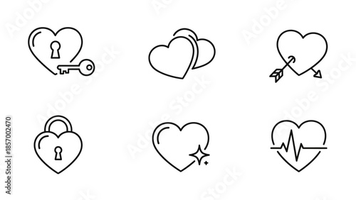 Set of heart icons representing love relationships and emotional concepts
