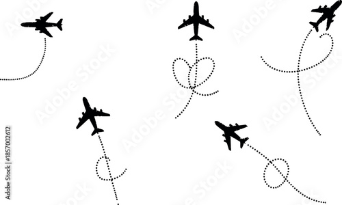 A group of airplanes flying in different directions in a stylized illustration