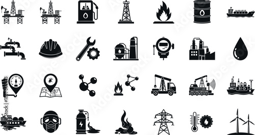 Collection of black and white industrial icons related to energy oil and gas