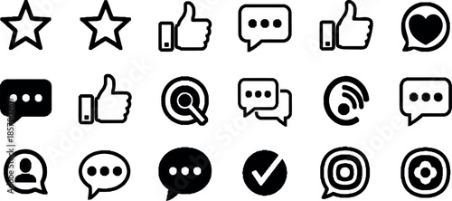 A collection of 20 social media and communication icons in black and white