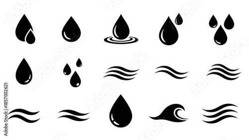 Black water drop and wave graphic elements set for design projects