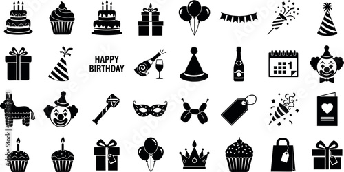 Birthday party icons and symbols for celebration and gift giving