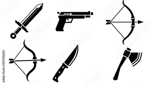 Collection of weaponry icons sword gun bow and arrow axe and knife