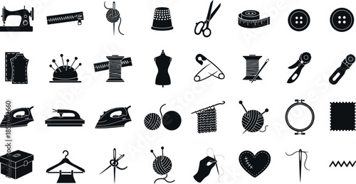 Collection of black and white sewing notions and tools icons