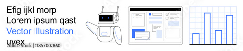 Automation, data analysis, web development, user experience, technology, innovation. Robot with antennae, UI layout bar graph. Automation and data analysis conceptualized visually