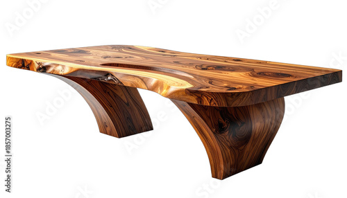 Exquisite live edge wood desk with sculptural pedestal bases against a black background.