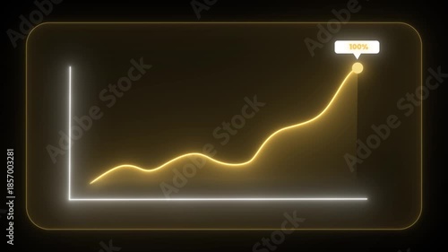 neon line graph demonstrating significant financial growth and upward trend towards 100% success on a dark digital background, symbolizing business achievement and data visualization