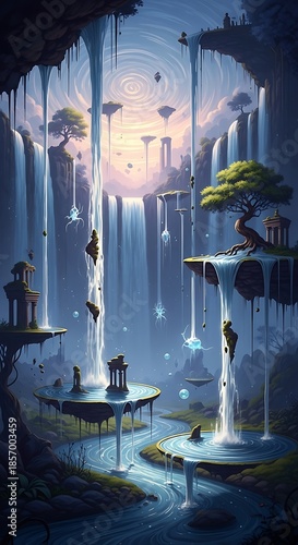 Surreal fantasy cityscape with floating islands.