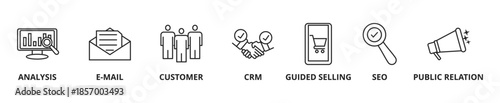 Inbound Marketing web banner icon set outline multistyle vector illustrations concept with icon analysis, e-mail, customer, CRM, guided selling, SEO, and public relation