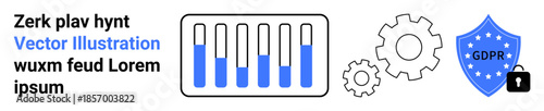 Bar chart with progress, gears representing processes, GDPR shield with lock for security. Ideal for privacy, data management, compliance, process optimization, automation, IT systems simple landing
