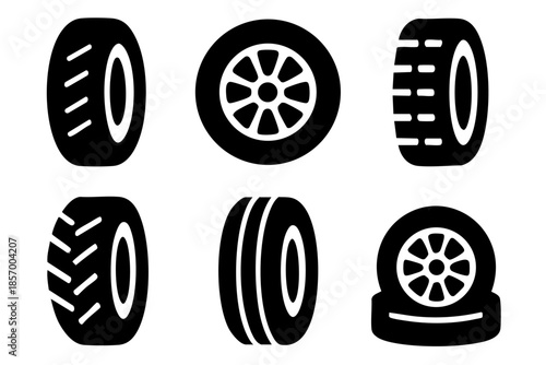 Different wheel tires silhouette icons set simple design