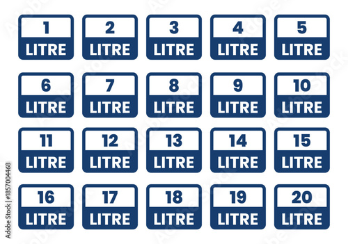 1 to 20 Liter Icons Set Illustration, Volume Measurement Scale Symbols, Liquid Capacity Icons Collection for Packaging, Labels, Info graphics and Industrial Design