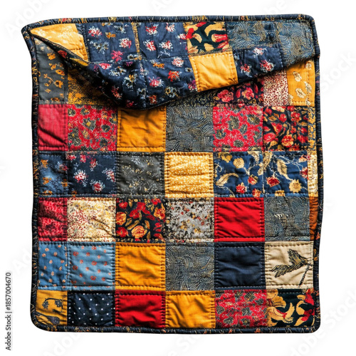 Colorful patchwork quilt isolated on transparent background