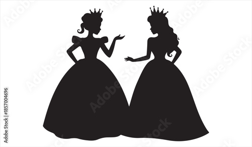 Vector silhouettes of royal girls in long gowns fantasy character set