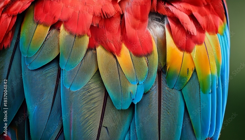 Fototapeta premium a vibrant close up showcases the overlapping richly colored feathers of a macaw s wing against a teal background