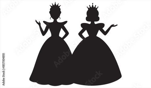 Princess silhouette pair in royal ball gowns with crowns and elegant poses