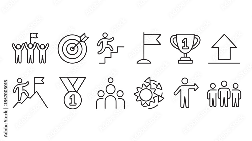 Fototapeta premium Business success and achievement line icons for goals, teamwork and leadership concepts