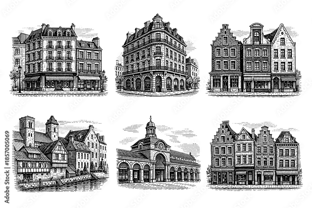 Obraz premium Intricate architectural sketches of european buildings with ornate facades