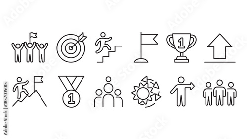 Business success and achievement line icons for goals, teamwork and leadership concepts