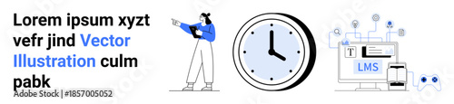 Woman pointing in casual attire, analog clock, and LMS interface with connectivity icons. Ideal for education, technology, scheduling, productivity, online learning, organization and simple landing