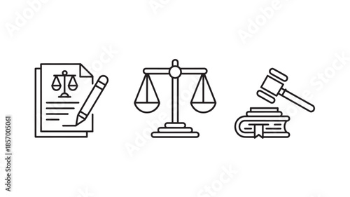 Law and justice icons set with legal document, balance scale and gavel vector symbols