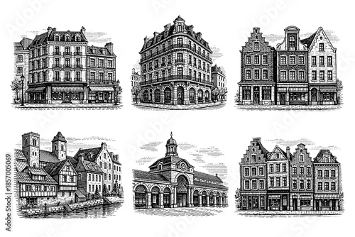 Intricate architectural sketches of european buildings with ornate facades