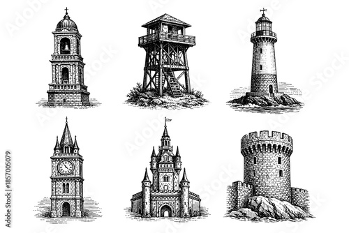 Detailed monochrome architectural towers and structures set