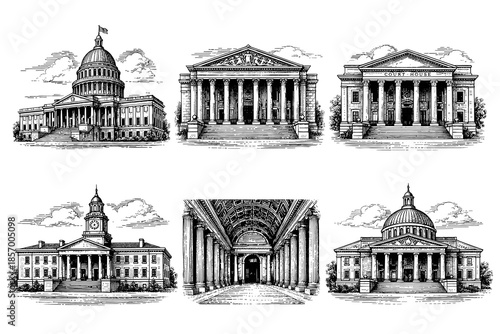 Historic architectural facades: vintage black and white illustrations of grand buildings
