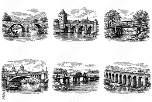 Vintage ink drawings of historic bridges and architecture