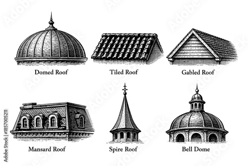 Detailed hand drawn roof structures: domed, tiled, gabled, mansard, spire, bell dome